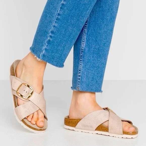 Birkenstock Siena Big Buckle Suede Leather Washed Metallic Rose Gold - Picture 2 of 7